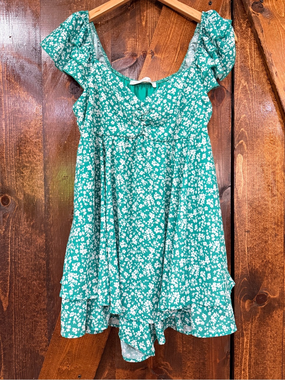 Altar'd State Teal Green Floral Romper with Ruffle Sleeves